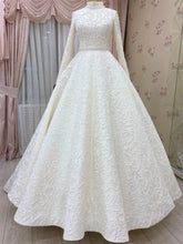 Luxury Appliques Beaded Long Sleeve Muslim Wedding Dress High Neck Lace Bridal Dresses Robe De Soirée De Mariage WHITE